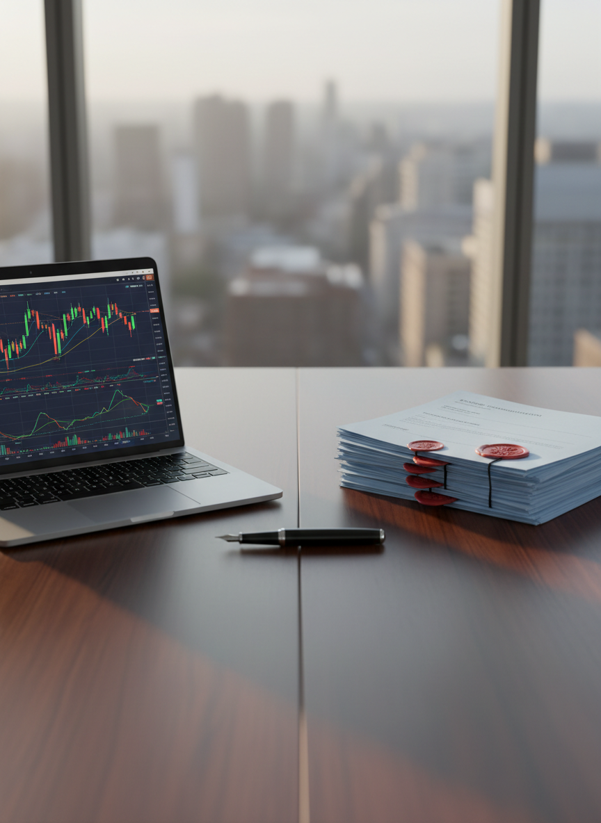 A sleek, dark wooden office desk neatly divided into two zones: on one side, a silver laptop displaying a colorful stock chart with candlesticks and indicators, and on the other, a neatly stacked pile of pale blue government documents stamped with red seals. A black fountain pen rests between them, symbolically bridging the gap. The desk sits near a large window overlooking a softly blurred city office district. Soft morning daylight streams in, creating natural highlights on the laptop’s metallic edges and subtle shadows under the papers. Photographic realism, shot at eye level with a gentle shallow depth of field, calm and professional mood, clean and modern aesthetic that conveys the coexistence of investment analysis and bureaucratic work.