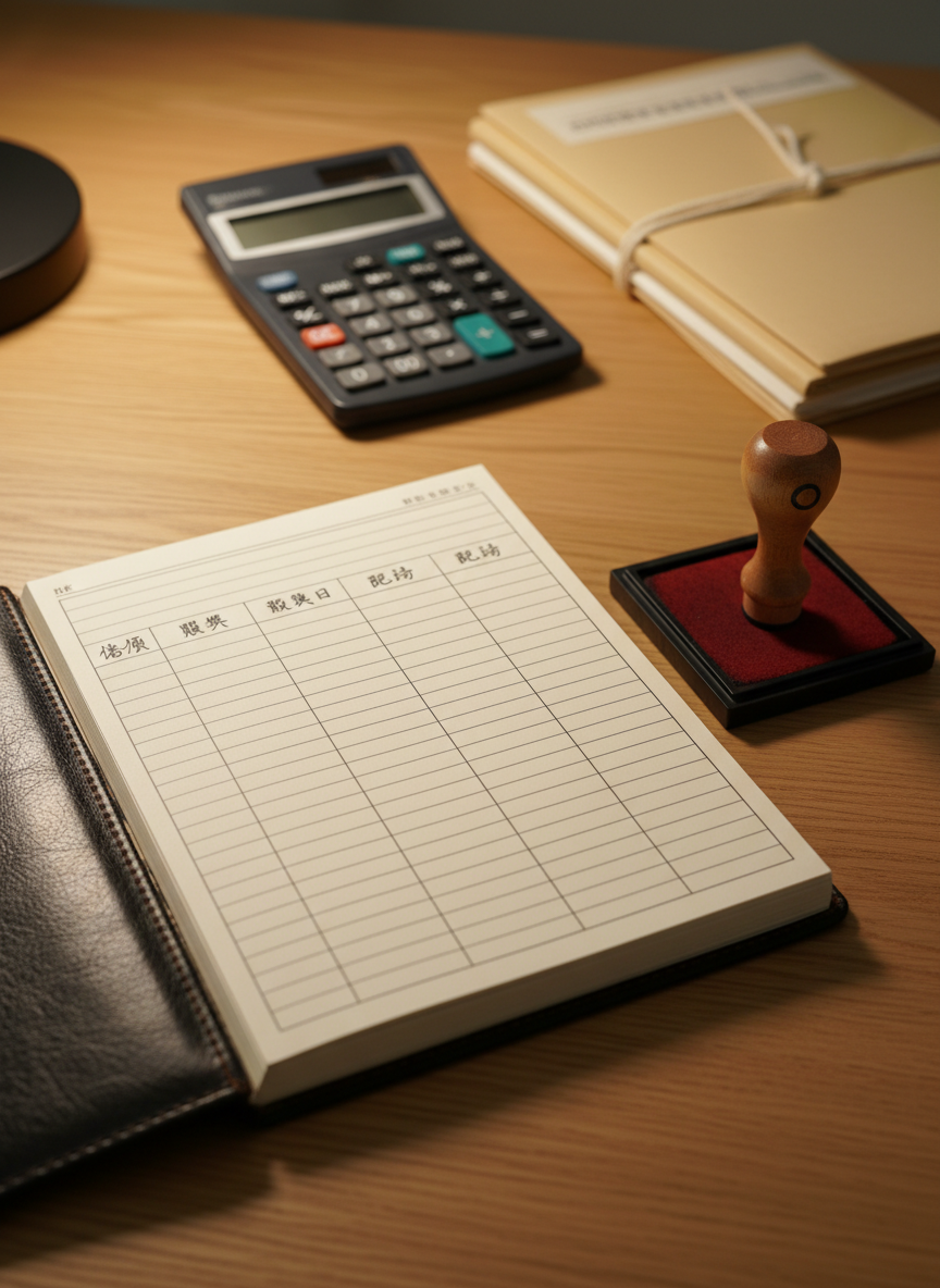 A close-up of a dark leather-bound notebook opened flat on a smooth oak table, its cream pages filled with neatly ruled columns titled “銘柄,” “購入日,” and “配当.” Beside it lies a small, sturdy rubber stamp with a wooden handle and a red ink pad, as if used for official approvals. In the background, slightly out of focus, sits a simple gray calculator and a slim stack of government-style manila files bound with a cotton string. Warm desk-lamp lighting from the upper left creates soft, cozy highlights on the leather texture and gentle shadows along the pen strokes. Photographic realism, intimate composition with shallow depth of field, creating a focused, studious, slightly bureaucratic yet personal mood.