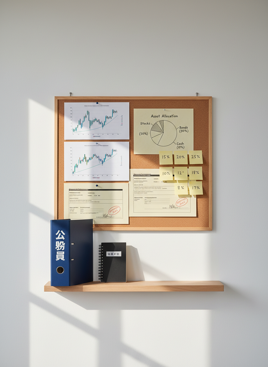 A minimalist corkboard mounted on a clean white wall, filled with neatly pinned items: printed stock price graphs, a hand-drawn asset allocation pie chart on cream paper, and several official-looking beige government forms with bold black headings and red date stamps. Yellow sticky notes with tidy handwritten percentages are arranged in a structured grid. Below the board, a tidy light-wood shelf holds a closed navy-blue binder labeled “公務員” and a slim black notebook labeled “投資メモ.” Soft diffused afternoon light from an unseen window casts gentle, directional shadows, enhancing the textures of paper and cork. Photographic realism, shot from a slightly elevated angle with sharp focus throughout, creating a professional, organized, analytical atmosphere suitable for a public servant’s investment blog.