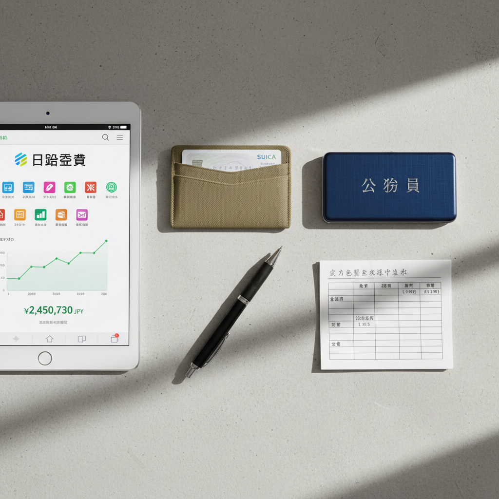 A carefully arranged flat lay on a light concrete surface: a white tablet displaying a Japanese brokerage app home screen with colorful icons and a modest portfolio balance, next to a khaki fabric card case with an IC commuter card partially visible and a slim, navy-blue nameplate case embossed with subtle silver kanji, hinting at a government role. Nearby rests a simple black ballpoint pen and a small, neatly folded monthly household budget sheet with handwritten expense categories. Soft, diffused morning light from the right creates gentle gradients and faint shadows, emphasizing textures of fabric, paper, and metal. Photographic realism, top-down composition with balanced spacing, modern and understated mood, illustrating the everyday intersection of modest investing and a disciplined public servant lifestyle.