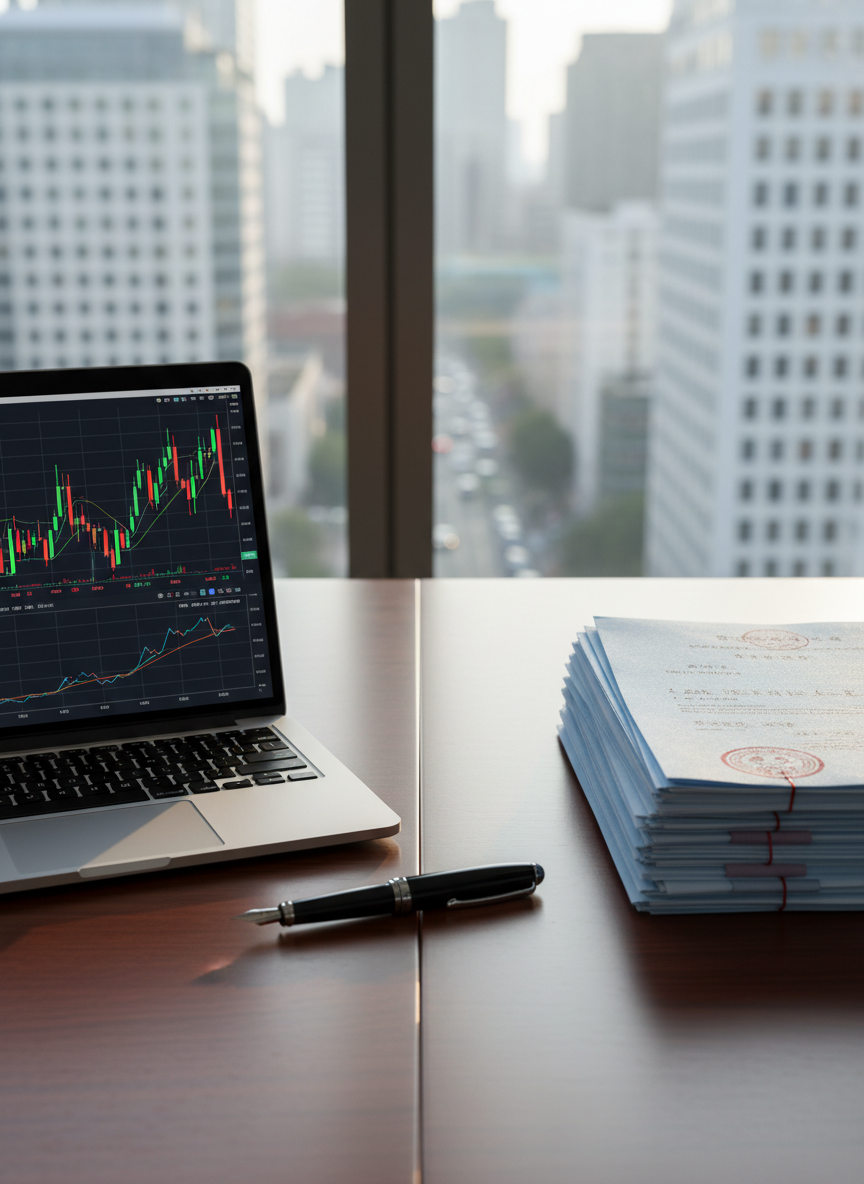 A sleek, dark wooden office desk neatly divided into two zones: on one side, a silver laptop displaying a colorful stock chart with candlesticks and indicators, and on the other, a neatly stacked pile of pale blue government documents stamped with red seals. A black fountain pen rests between them, symbolically bridging the gap. The desk sits near a large window overlooking a softly blurred city office district. Soft morning daylight streams in, creating natural highlights on the laptop’s metallic edges and subtle shadows under the papers. Photographic realism, shot at eye level with a gentle shallow depth of field, calm and professional mood, clean and modern aesthetic that conveys the coexistence of investment analysis and bureaucratic work.