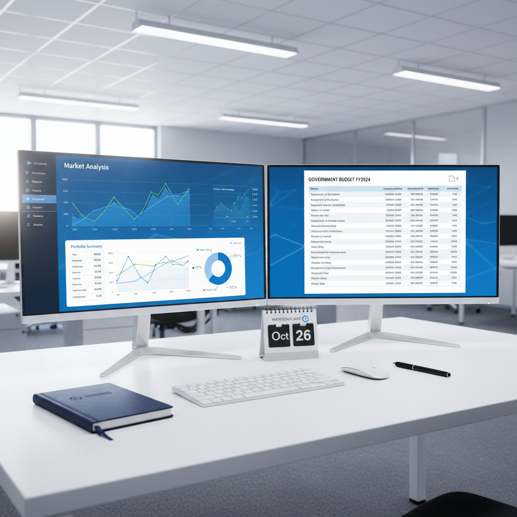 A dual-monitor setup on a tidy white office desk: the left screen shows a clean interface of a stock-analysis dashboard with line charts, sector breakdowns, and a portfolio summary, while the right screen displays a digital PDF of structured government budget tables with rows of neatly aligned numbers. Between the monitors, a small, simple desk calendar stands open to a weekday, flanked by a navy-blue notebook and a fine-tip black pen. Cool, even overhead office lighting combines with faint natural light from an unseen side window, giving a neutral, professional tone. Photographic realism, shot from a slightly elevated, centered viewpoint with sharp focus and moderate depth of field, creating a calm, systematic, data-driven atmosphere that reflects both investment tracking and public-sector work.