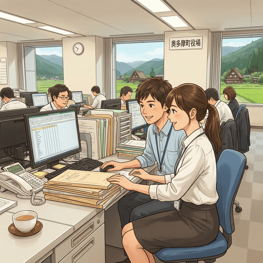 A man at a desk with a computer and folders near a 東京都庁 sign.