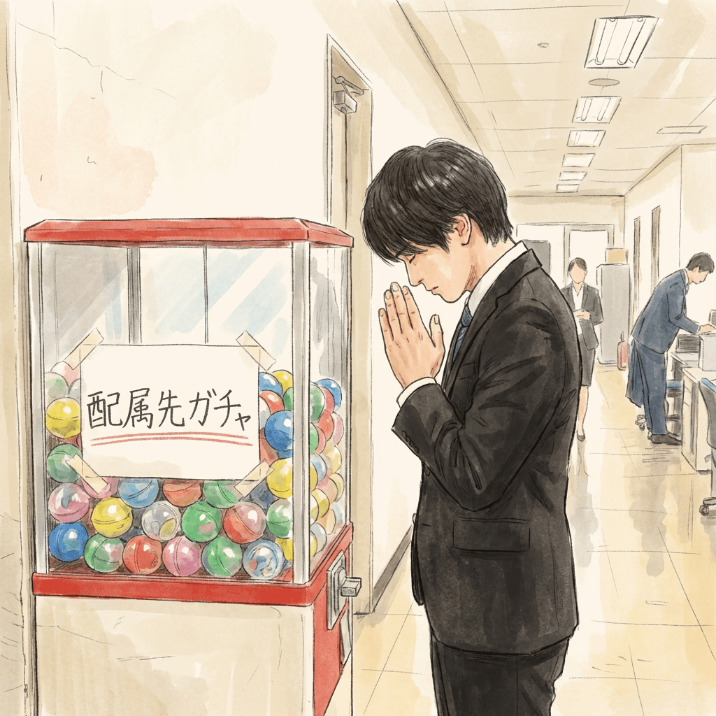Businessman praying to a gachapon machine with text 配属先ガチャ in a corporate hallway.