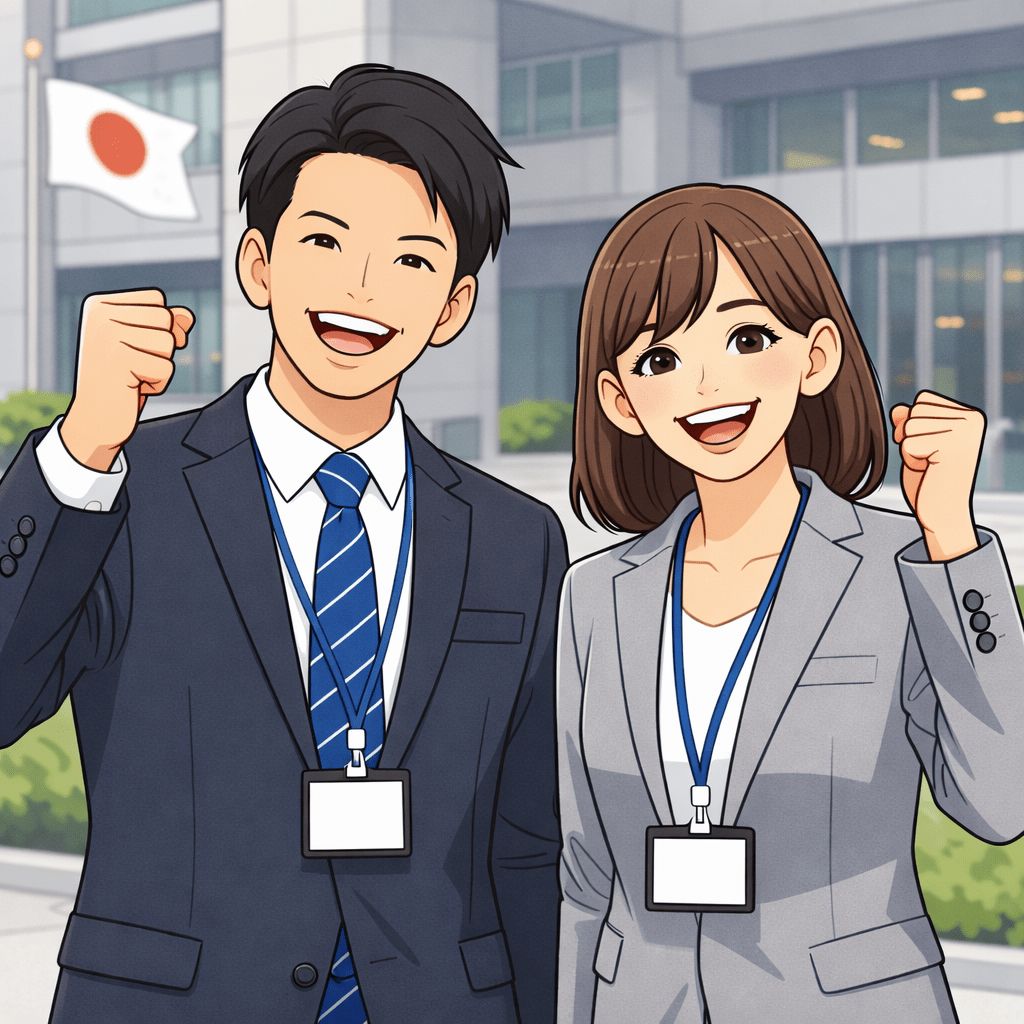 Smiling young Japanese man and woman in business suits with ID badges.