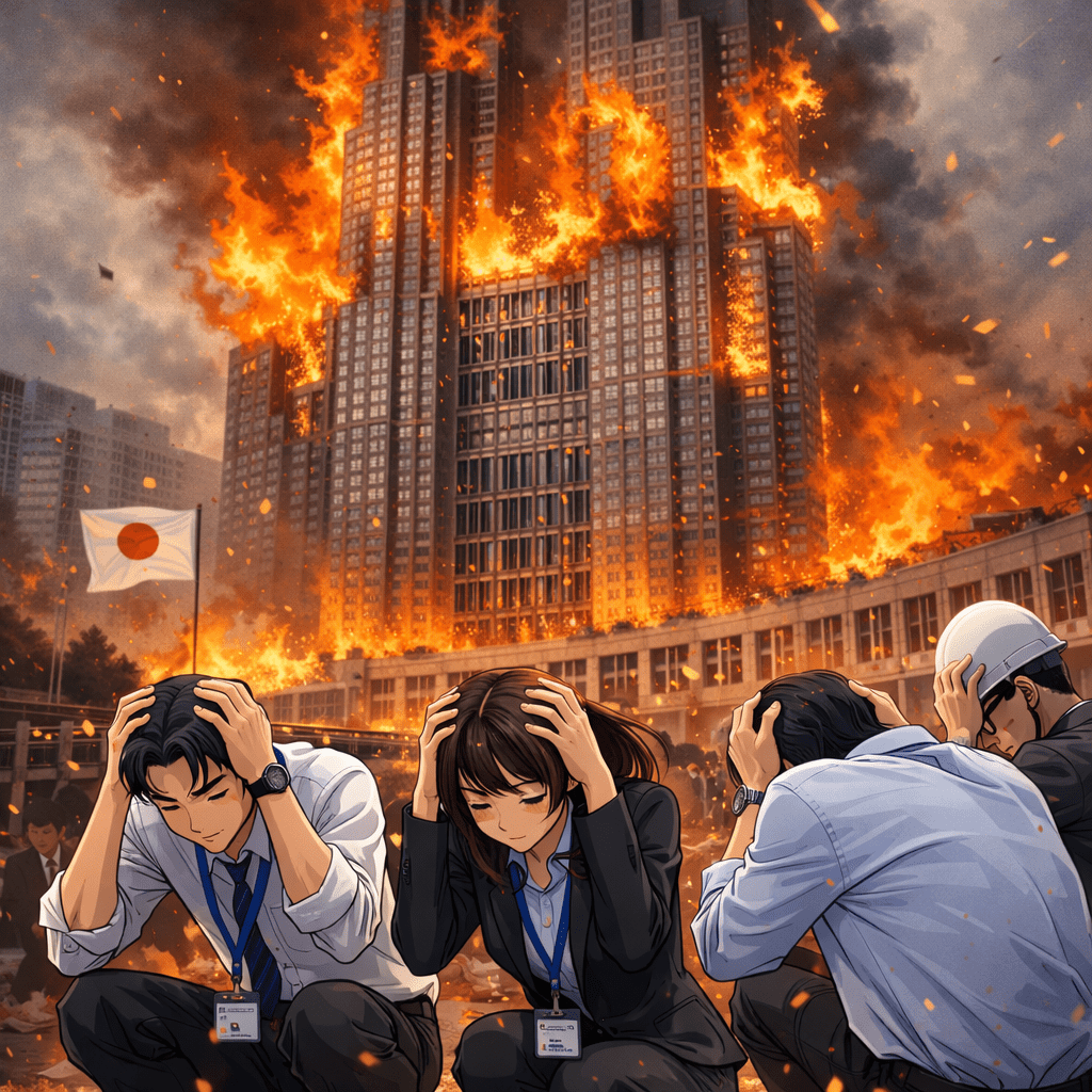 People crouching with hands on heads near a burning skyscraper with flames and smoke