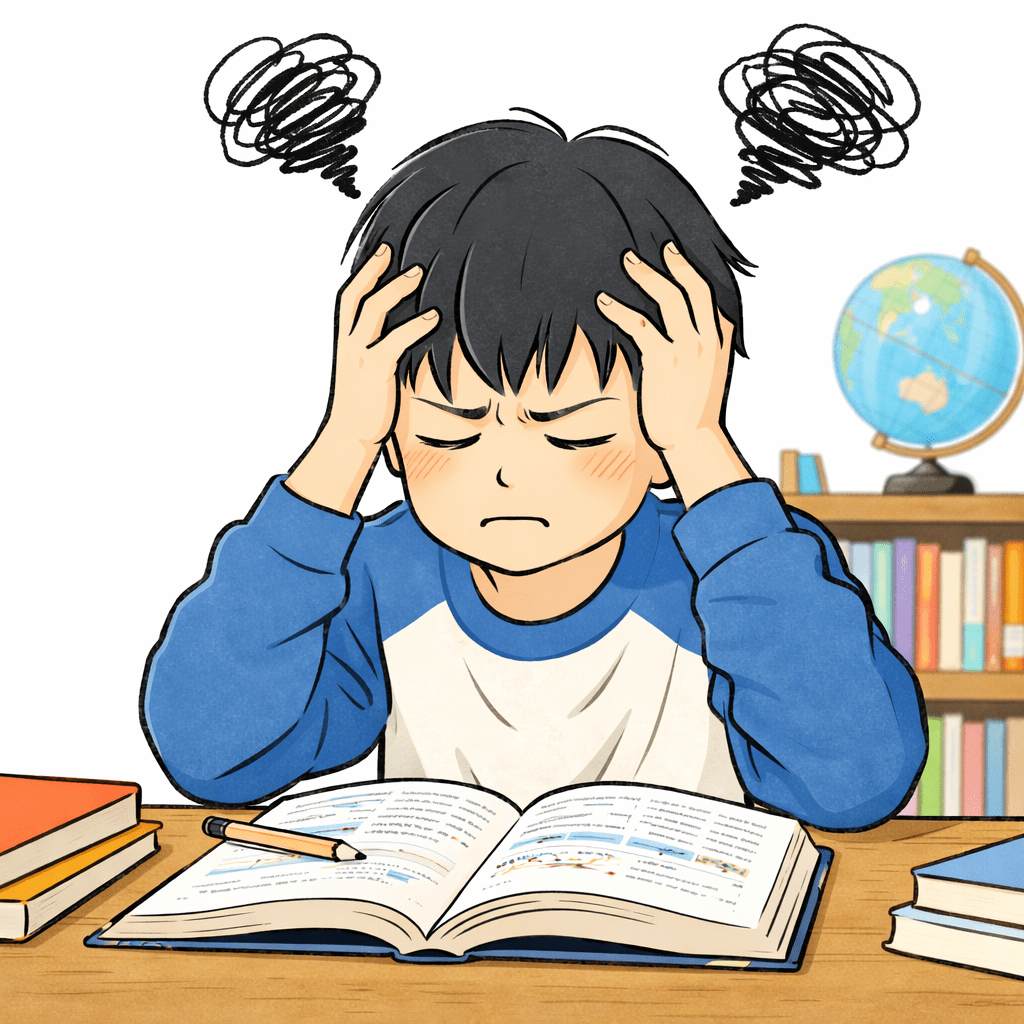 Young boy holding his head in frustration while studying at a desk
