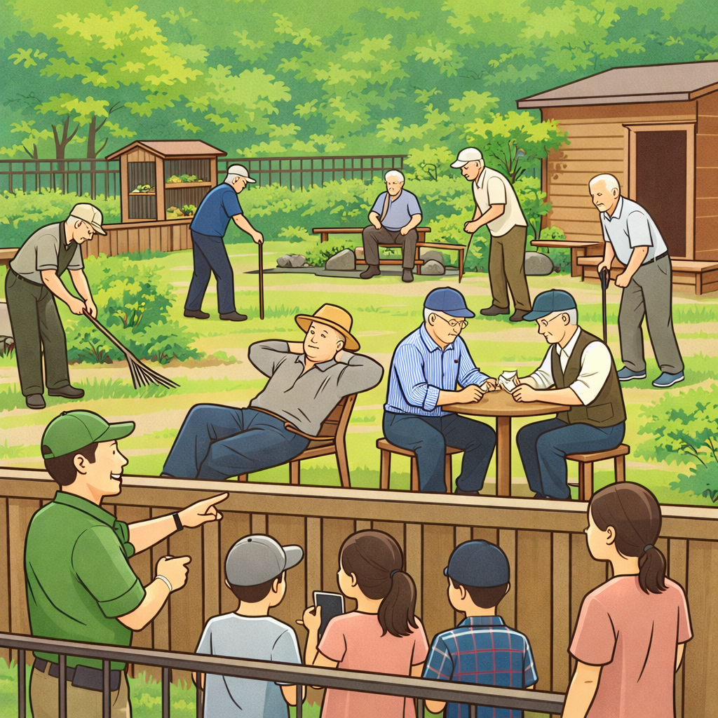 Miniature scene showing elderly men playing games, relaxing, and gardening in a small park