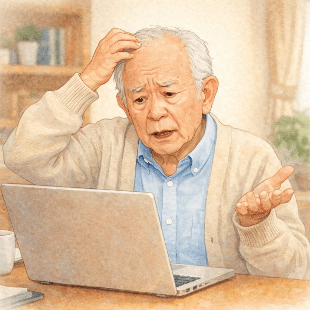 Confused elderly man looking at laptop with question mark and scribble icons