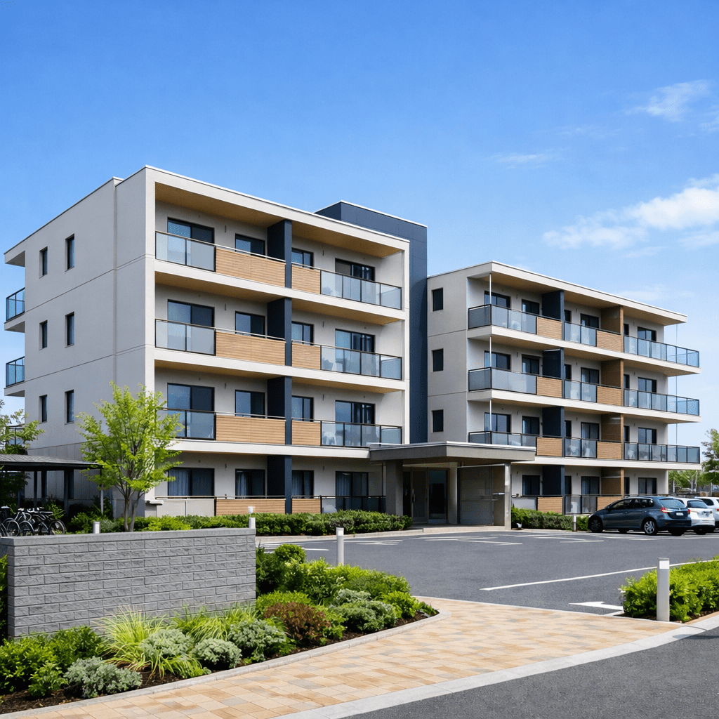 Exterior view of a modern four-story apartment complex with balconies and landscaped gardens